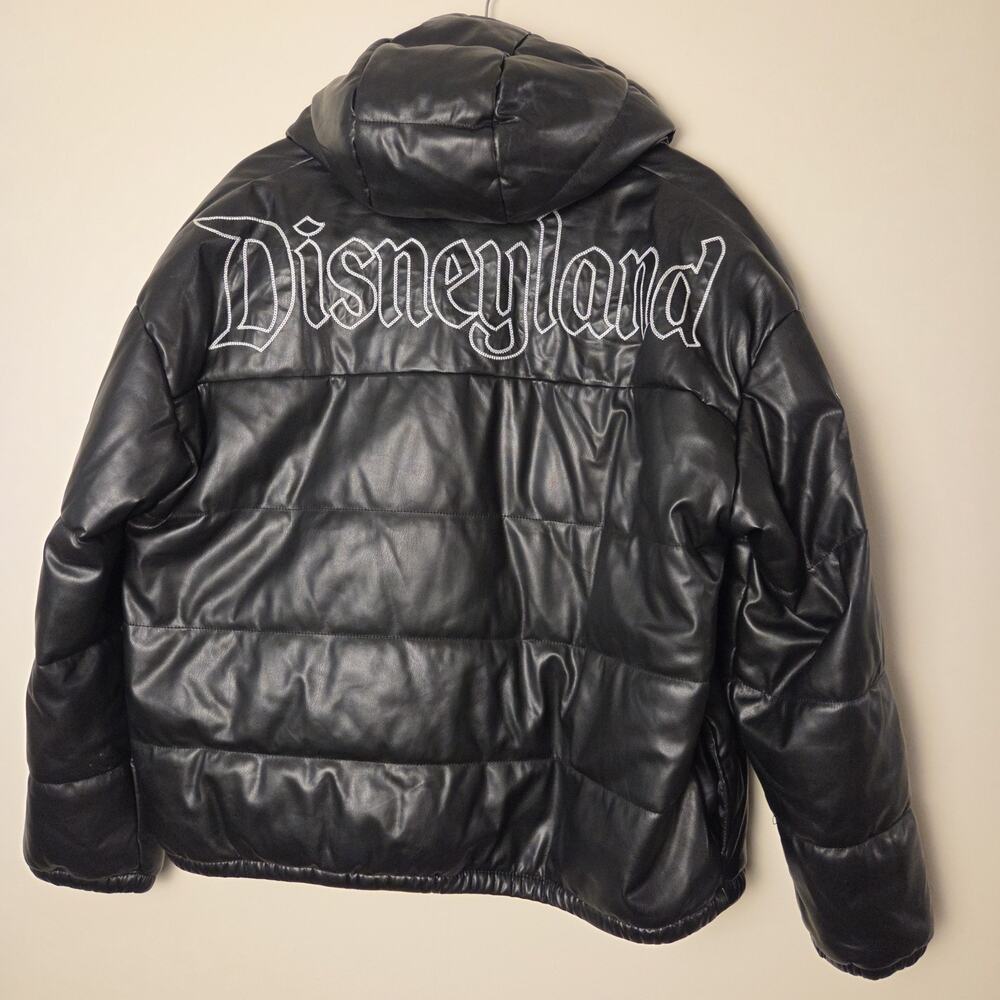 Disneyland Resort Black Faux Leather Puffer Jacket Hood Goth Font XL Unisex - Picture 2 of 13